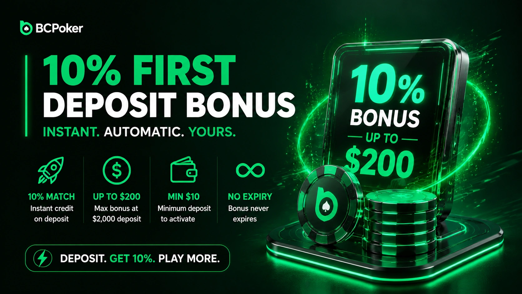 BC Poker instant deposit match bonus glowing coins app UI