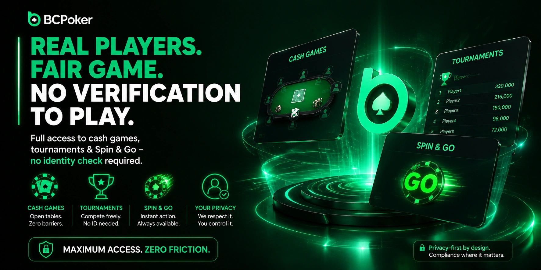 BC Poker real players cash tables and tournament neon interface