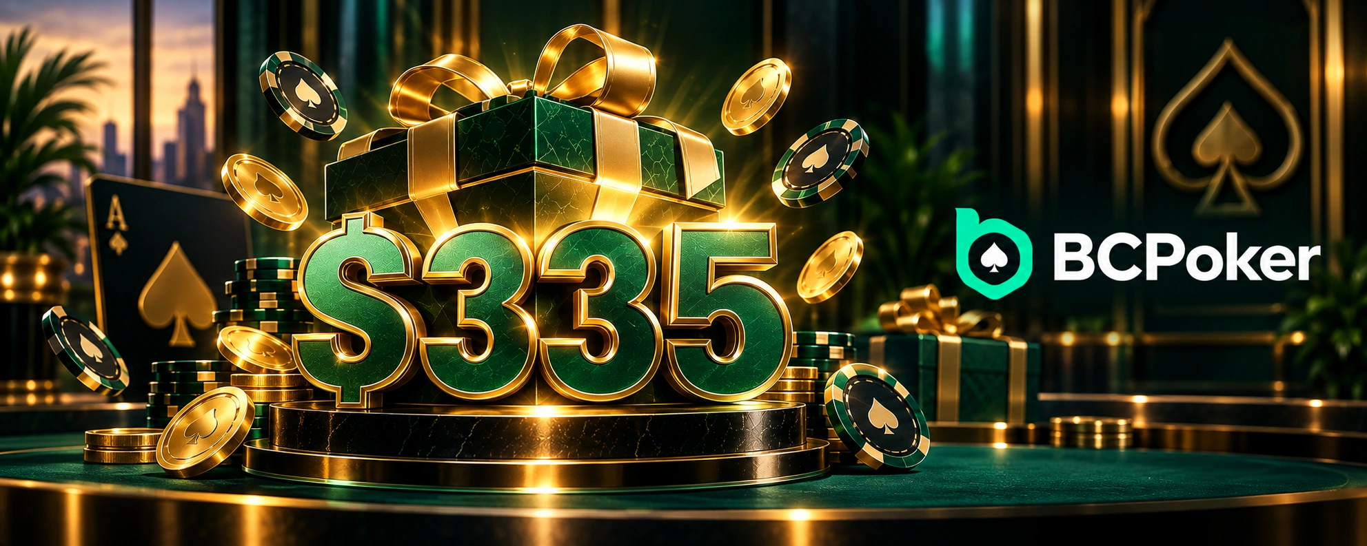BCPoker $335 bonus with a green gift box, gold coins and poker elements