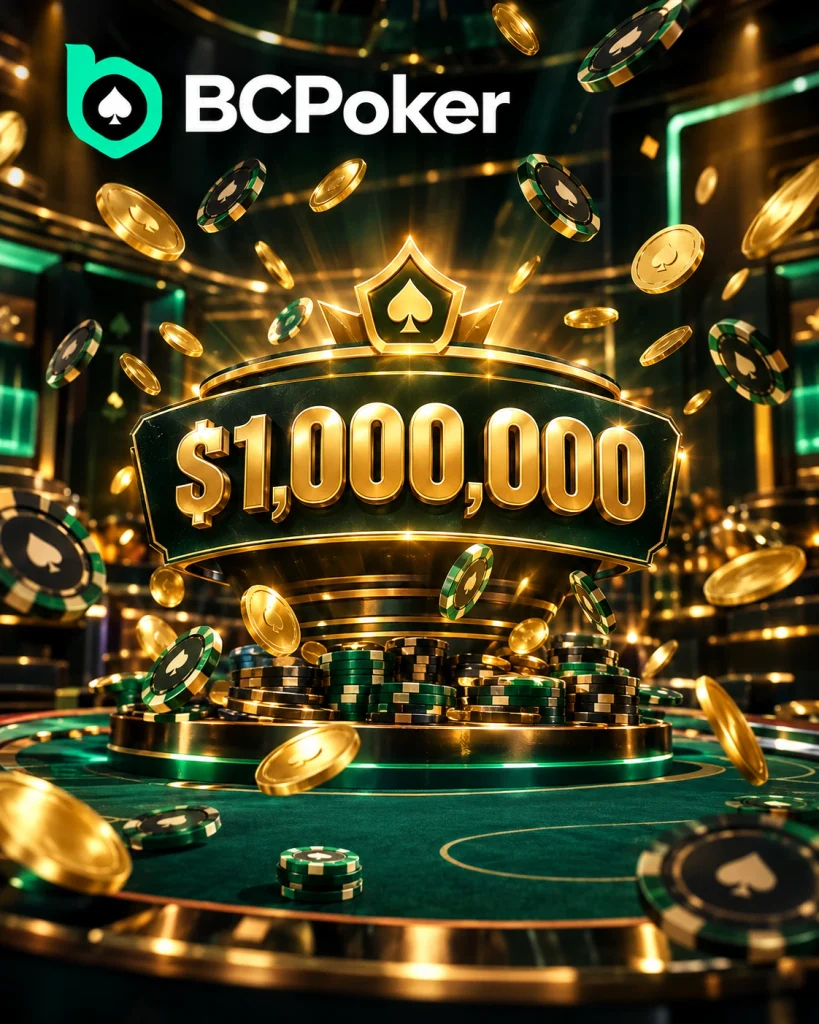 BCPoker Cash Rain jackpot with falling coins and poker chips around a one-million-dollar prize