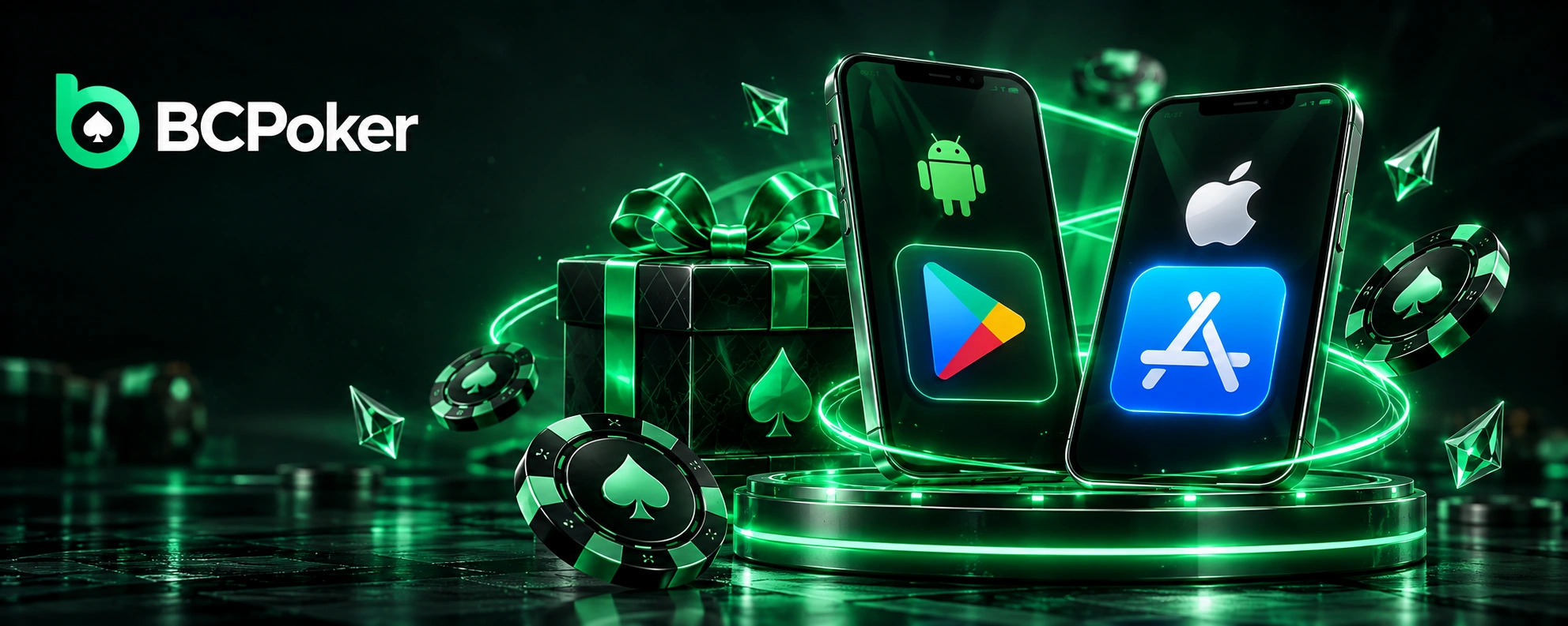 BCPoker mobile registration with Android and iOS smartphones, app store icons and gift reward