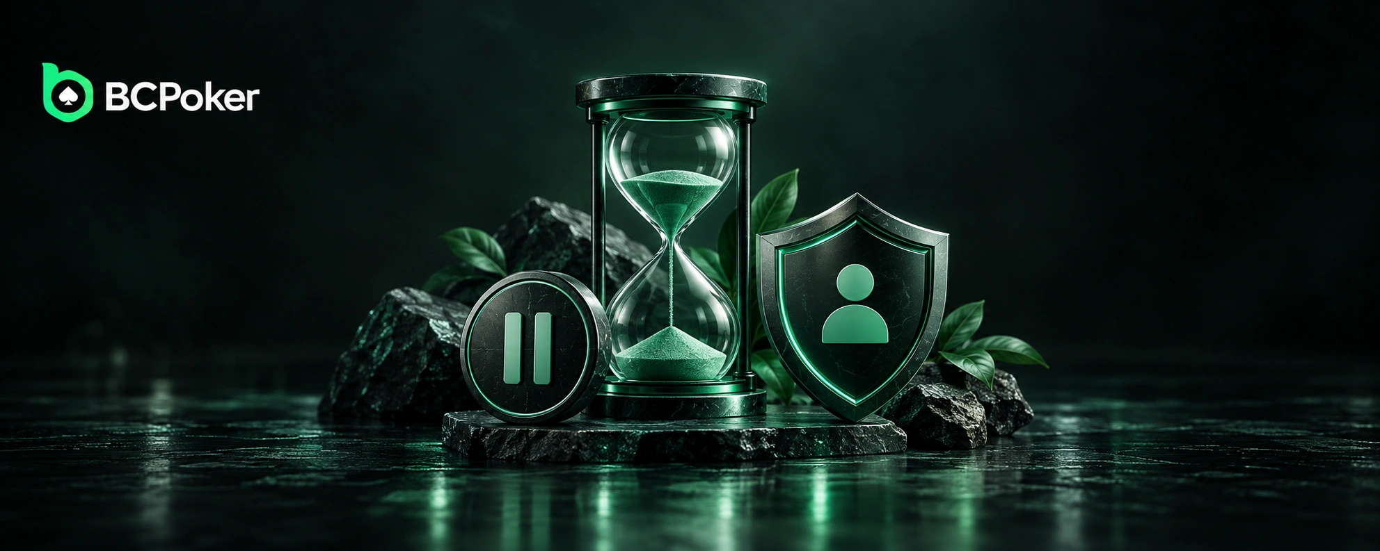 BCPoker responsible gaming with hourglass, pause icon and player protection shield